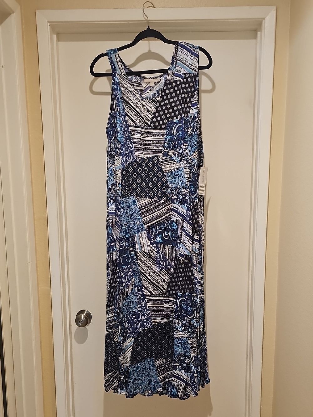 Woman Within Navy and Light Blue Patchwork Maxi Dress